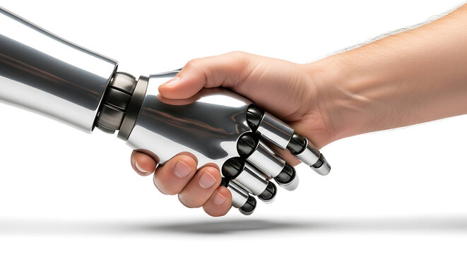 A human hand shaking a robot hand with a white background in a studio setting close up view