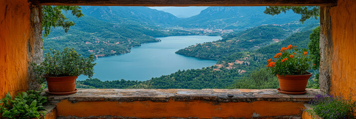 Obraz premium Idyllic Mediterranean landscape vista from rustic window frame, showcasing peaceful lake, lush green hills with small towns, and terracotta pots with blooming flowers