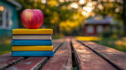 Vibrant red apple gracefully balances on stack of colorful books, bathed in soft, warm glow of golden hour light on outdoor wooden table, suggesting autumn, learning, and nostalgia.