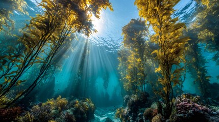 Underwater kelp forest ecosystem with sunbeams penetrating shimmering surface, creating serene marine environment