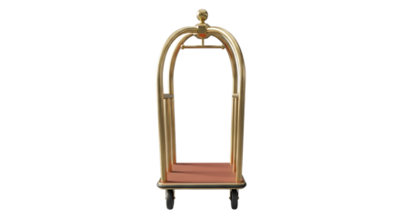 Polished brass hotel luggage cart with a brown deck and black wheels, isolated on a transparent background, cutout, PNG