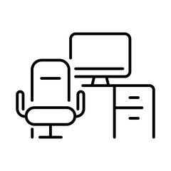 Computer workspace vector icon. editable line icon, outline office and desk symbol