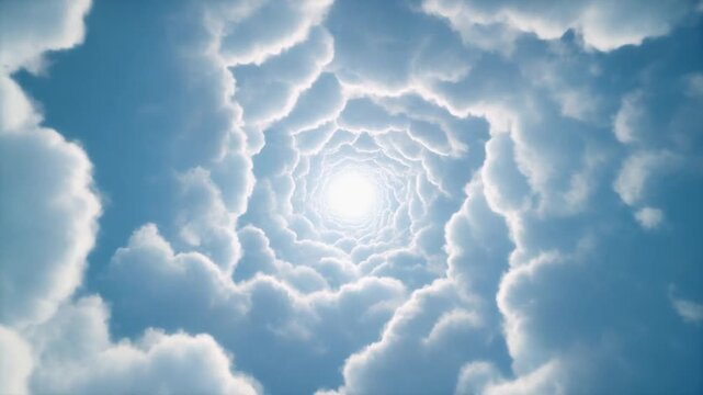 Bright light at the end of a swirling cloud tunnel in a blue sky, creating an ethereal and hopeful visual.