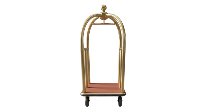 Polished brass hotel luggage cart with a brown deck and black wheels, isolated on a transparent background, cutout, PNG