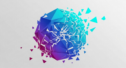 Abstract Geometric Background with Shattered Sphere in Blue and Purple, Polygon Mesh Design on White Backdrop