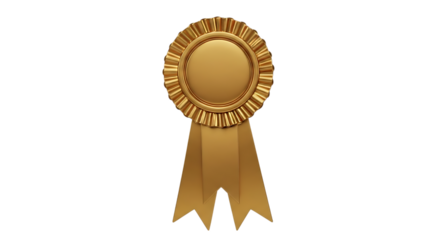 Golden rosette award ribbon with blank circular center and two flowing streamers, isolated on a transparent background, cutout, PNG