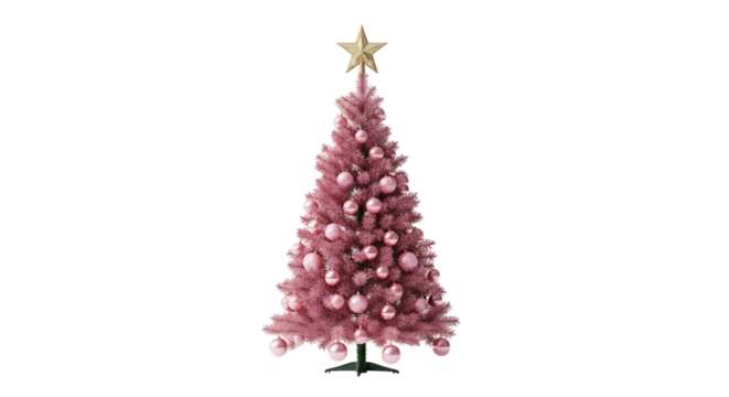 Pink Christmas Tree Decorated with Shiny Ornaments and Gold Star Topper, isolated on a transparent background, cutout, PNG