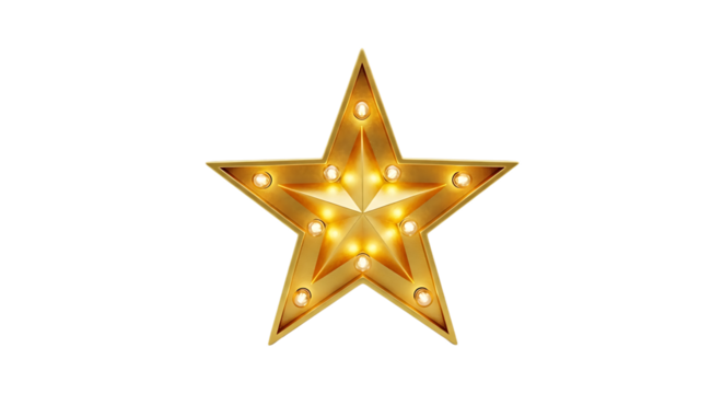 Golden Marquee Star Shape with Illuminated Bulbs, isolated on a transparent background, cutout, PNG