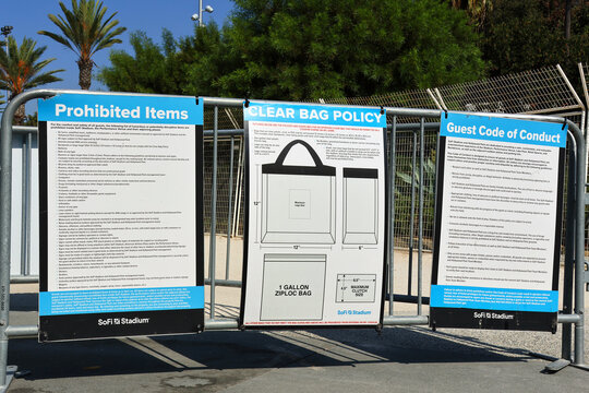 Inglewood, California &ndash; October 24, 2025: SoFi Stadium &ndash; Prohibited Items, Clear Bag Policy and Guest Code of Conduct Signs