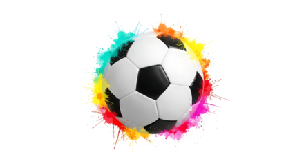 Soccer ball with vibrant colorful paint splashes bursting outwards, isolated on a transparent background, cutout, PNG