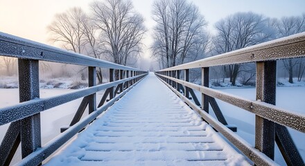 Majestic snow covered bridge leading into a serene winter landscape with frosted trees and a soft dawn sky, evoking tranquility and adventure.