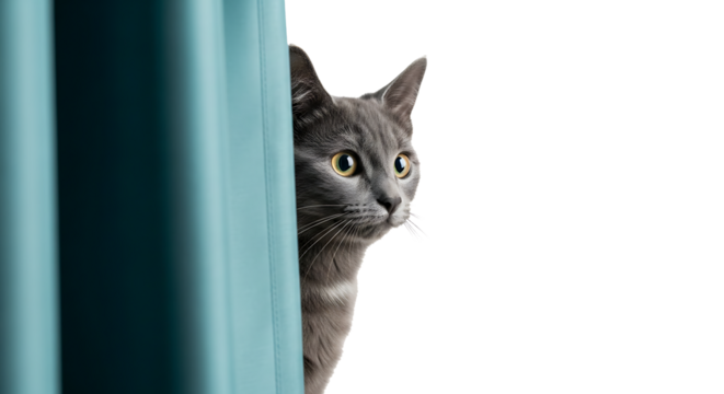 Curious grey cat peeking from behind a teal curtain with bright yellow eyes, isolated on a transparent background, cutout, PNG