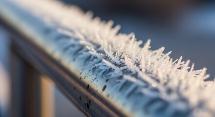 Sparkling frost crystals form delicate patterns on a metal railing bathed in soft morning light, evoking winter's crisp beauty.