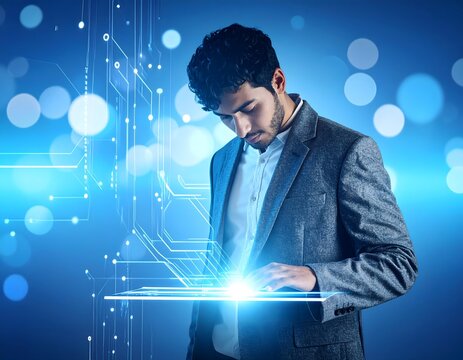 Person interacting with a glowing holographic interface among data and circuits. Futuristic blue and cyan scene, photorealistic, representing the connection between humans and artificial intelligence.