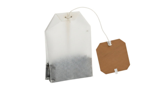 White paper tea bag with brown tag and string, isolated on a transparent background, cutout, PNG