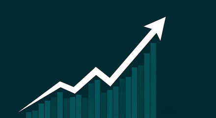 Vector illustration of a financial bar chart with a rising white arrow, symbolizing business growth, market success, and positive investment returns