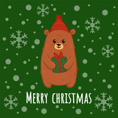 Cute cartoon bear in hat and scarf. Teddy bear in flat style for greeting card, christmas card. Vector illustration