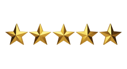 Five golden five-pointed stars arranged in a horizontal line, isolated on a transparent background, cutout, PNG
