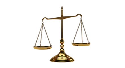 Polished Golden Balance Scale with Two Empty Pans Suspended by Chains, isolated on a transparent background, cutout, PNG