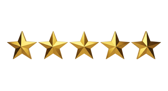 Five golden five-pointed stars arranged in a horizontal line, isolated on a transparent background, cutout, PNG