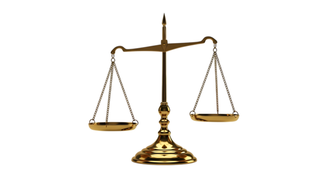 Polished Golden Balance Scale with Two Empty Pans Suspended by Chains, isolated on a transparent background, cutout, PNG