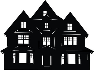 Victorian-Style Multi-Gabled House Silhouette with Symmetrical Windows – A Bold Architectural Outline Highlighting Historic Residential Design Elements