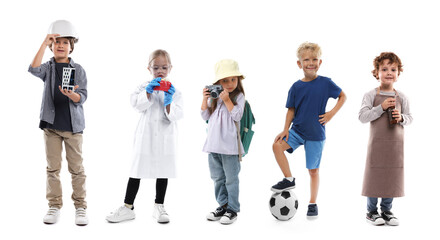 Fototapeta premium Cute children pretending themselves as workers of different occupations, collage on white background. Choice of profession