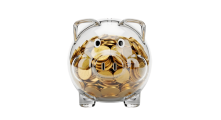 Transparent piggy bank filled with gold coins, isolated on a transparent background, cutout, PNG