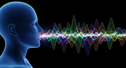 Conceptual visualization of human speech transforming into dynamic, colorful sound waves, representing advanced communication, thought, and audio technology processing