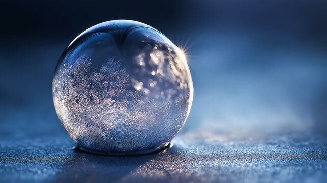 Frozen soap bubble with ice crystals on frosty surface in winter light