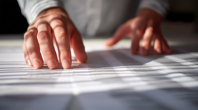 Business hands reviewing printed charts and documents on desk