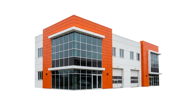 Modern Commercial Building with Orange Accents and Large Glass Windows, isolated on a transparent background, cutout, PNG
