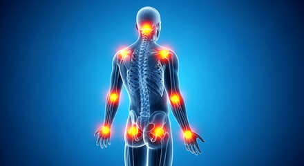 Anatomical illustration of a human skeleton highlighting areas of joint pain and inflammation