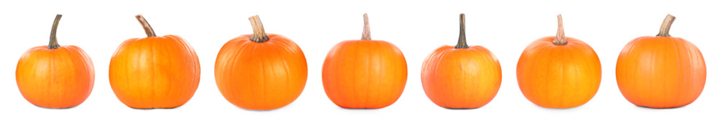 Fresh ripe pumpkins isolated on white, set