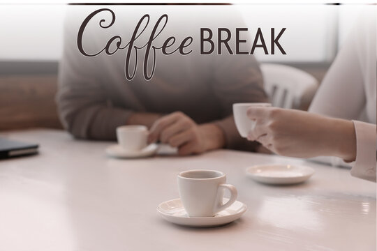 Coffee break time. Man and woman with drinks chatting in cafe, closeup - Powered by Adobe