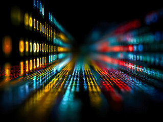 Digital data stream with colorful binary code in a futuristic setting