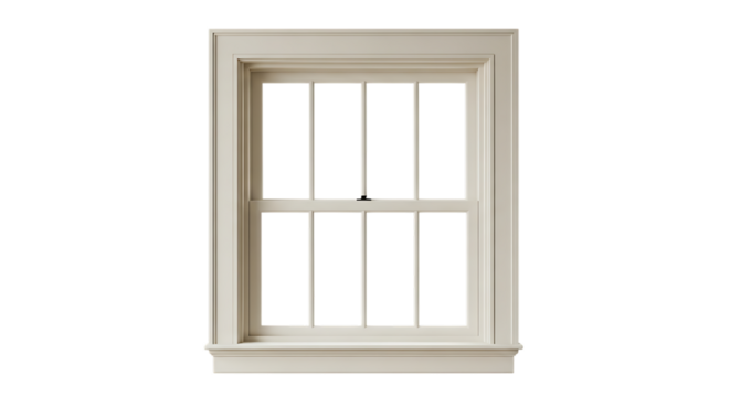Cream Colored Double Hung Window with Multiple Panes and a Black Latch, isolated on a transparent background, cutout, PNG