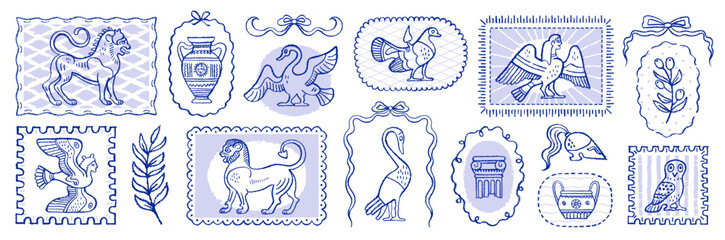 Ancient Greek and Roman Mediterranean stamp. Statue sticker from Greece, Rome. Vintage whimsical frame. Mythology pattern of column, vase, siren. Summer ancient Greek menu illustration. Museum art bg