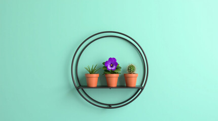 Modern Circular Metal Shelf Display with Small Potted Succulents and African Violets on Blue Wall: Home Decor