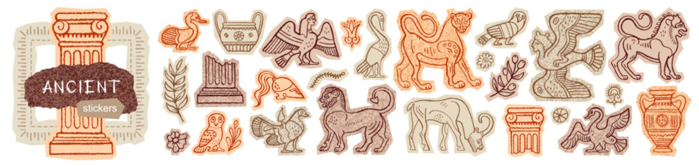 Ancient Greek and Roman sticker. Vase, sculpture, column of Greece, Rome. Mythology doodle sticker. Ancient Siren owl animal. Greek Roman cutout collage art. Crayon Mediterranean statue vase pillar bg