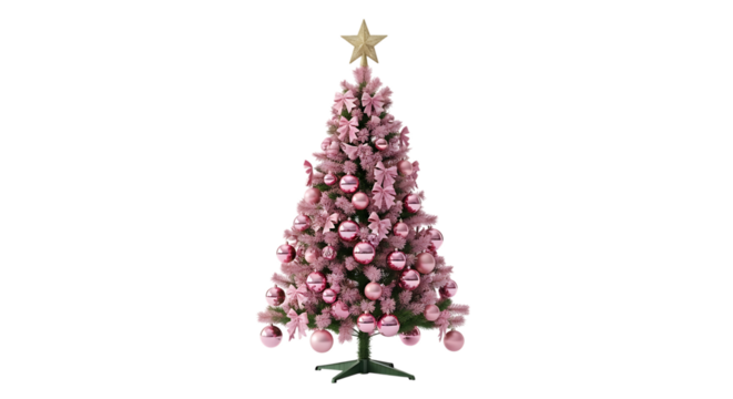Pink Christmas tree decorated with bows and baubles topped with a gold star, isolated on a transparent background, cutout, PNG