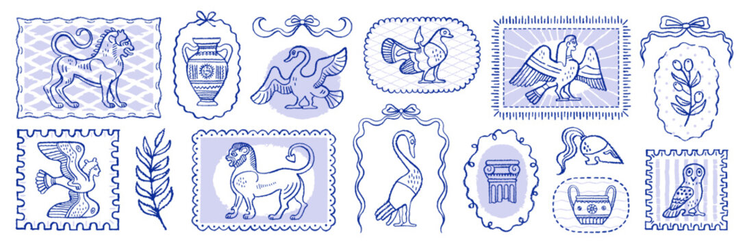 Ancient Greek and Roman Mediterranean stamp. Statue sticker from Greece, Rome. Vintage whimsical frame. Mythology pattern of column, vase, siren. Summer ancient Greek menu illustration. Museum art bg