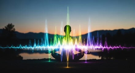 Person in meditation emits colorful energy waves and vibrations, representing inner peace, balance, and spiritual connection at twilight by a serene lake.