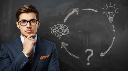 Thoughtful Young Businessman with Problem Solving Cycle on Chalkboard: Idea Generation and Creative Process
