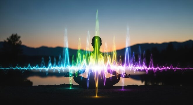 Person in meditation emits colorful energy waves and vibrations, representing inner peace, balance, and spiritual connection at twilight by a serene lake.