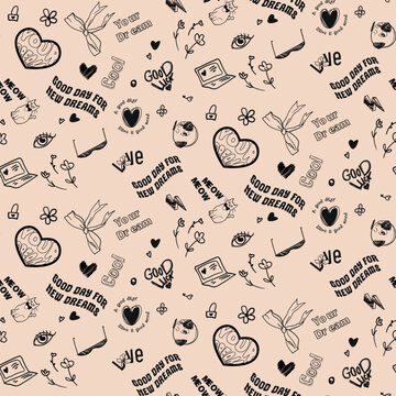 Fototapeta Seamless vector pattern for teenage girls with inscriptions and sketches in vector for textiles. Vector illustration