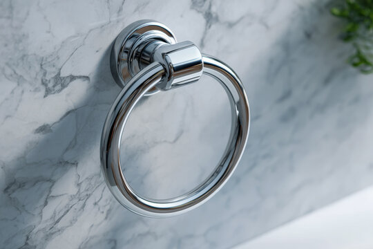 Polished silver towel ring mounted on elegant white and gray marble wall, showcasing stylish bathroom accessory with sleek modern design and high reflectivity
