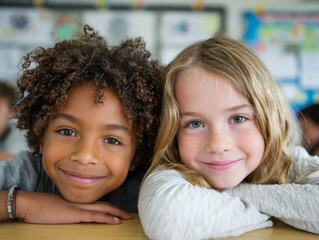 Smiling diverse elementary school children leaning on their arms with friendly expressions in a bright and colorful classroom setting