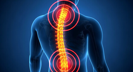 Conceptual 3D illustration of the human spine with illuminated red pain points, symbolizing discomfort, injury, or degenerative conditions in the cervical and lumbar regions