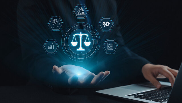 Futuristic digital law interface displaying justice scale, highlighting digital law, AI compliance, digital law systems, and digital law regulations for secure governance. Elide